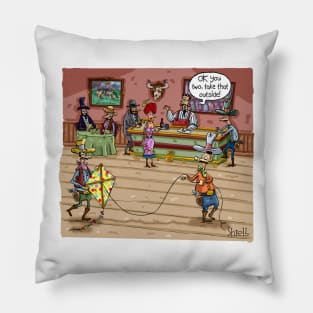 Cowboys flying a kite in a wild west saloon. Pillow