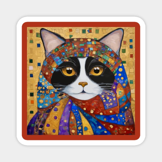 Gustav Klimt Tuxedo Cat with Colorful Scarf Magnet by bragova