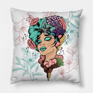 Aesthetic Summer Flower Girl | Pretty Floral Woman Art | Botanical Nature Theme | Floral Designs | Summer Gifts | Gifts for Nature Lovers Pillow