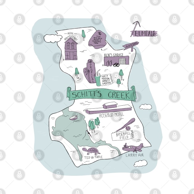 The Town of Schitt's Creek, hand drawn map of all of the town landmarks in purples, blues and minty greens. by YourGoods