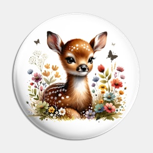 Baby Deer and Flowers Pin