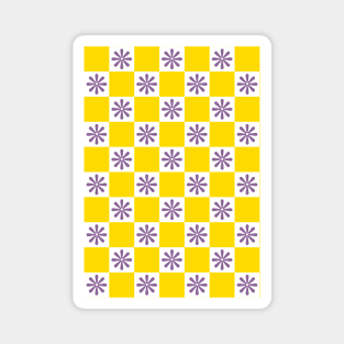 Retro Yellow, Purple Checkered Floral Pattern Magnet