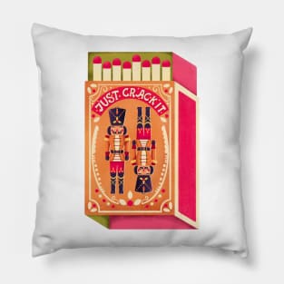 Two colorful nutcrackers on a matchbox with hand lettering on a pink background. Colorful festive winter Merry Christmas illustration Pillow