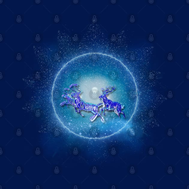 Christmas Collection Magic Reindeer flying in the Icy Glacial Winter Sky by Cristilena Lefter