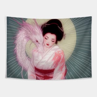 Geisha and white dragon 94001 Tapestry