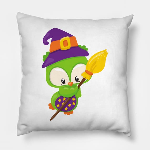 Halloween Owl, Cute Owl, Green Owl, Witch Broom Pillow by Jelena Dunčević