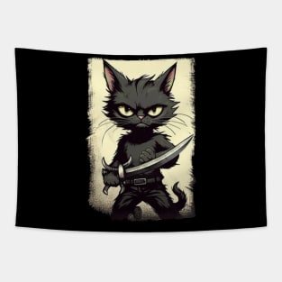 Oh Cat, murderous black cat with knife Tapestry