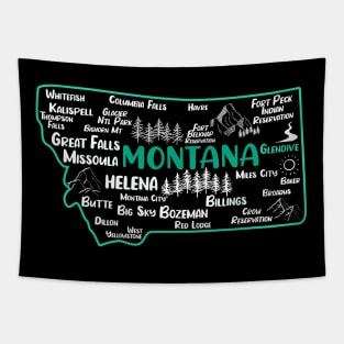 Cute map of Glendive Montana, Helena, Missoula, Great Falls, Bozemian, Billings, Kalispell, Big Sky Tapestry