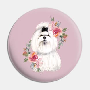 Cute White Shih Tzu with Flowers Watercolor Art Pin