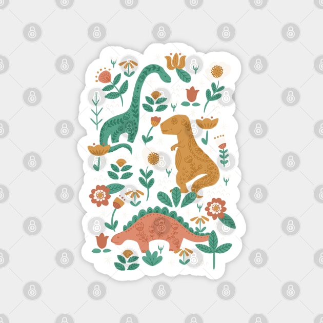 Folk Floral Dinosaurs in Pink Magnet by latheandquill