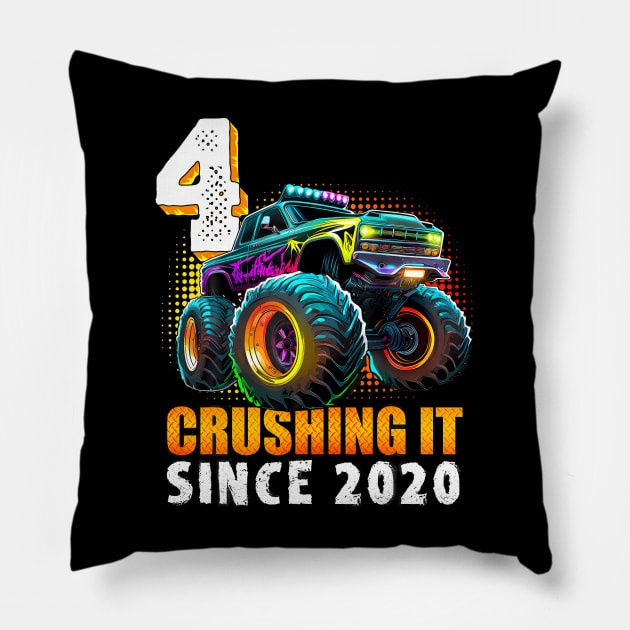 Monster Truck Year Old Boys 4th Birthday Party Born 2020 Pillow by deptrai0023