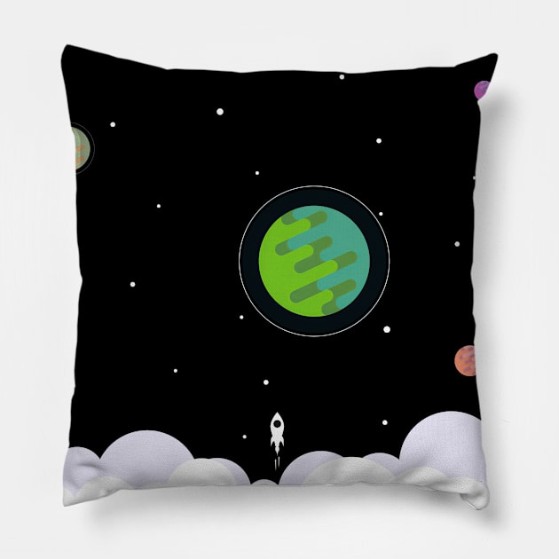 Rocket Launch Into Space with the Planets and Stars Pillow by  magiccatto