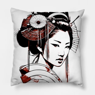 Geisha portrait black and red Pillow