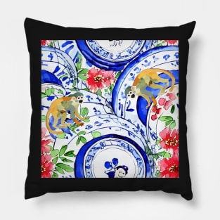 Monkeys and chinoiserie blue and white Pillow