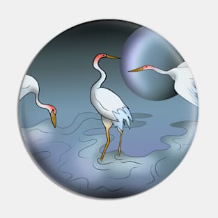 Japanese cranes in a moonlit stream Pin