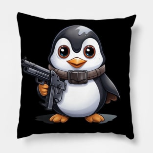 Cartoon Penguin Holding a Gun Pillow