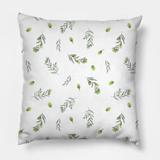 Small Green Olive Branches on White Background Watercolor Pillow