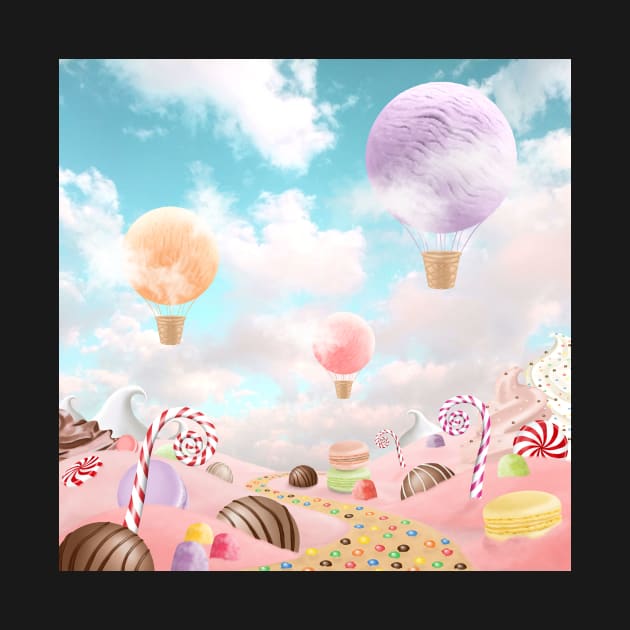 Sweets wonderworld landscape. Magic fairytale children illustration. Fantasy Hot Air Balloons on candy landscape by likapix