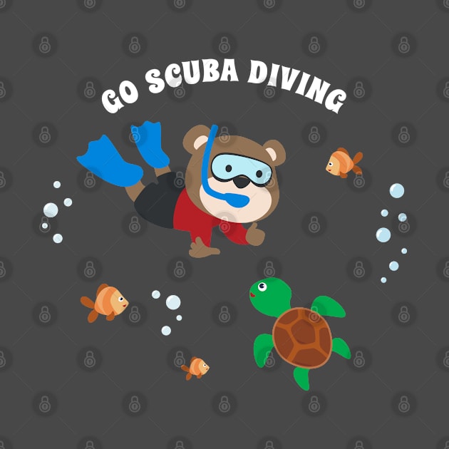 Diving with funny bear and turtle with cartoon style. by KIDS APPAREL