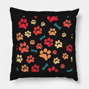 Autumn Color Puppy Paw Prints and Bones On Black Pattern Pillow