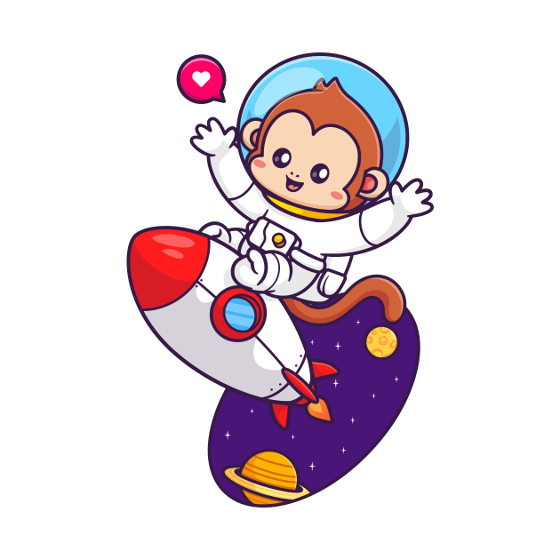 Cute Monkey Astronaut Flying With Rocket In Space Cartoon by Catalyst Labs