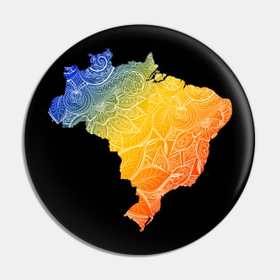 Colorful mandala art map of Brazil with text in blue, yellow, and red Pin