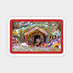 festive christmas mouse in a log cabin house Magnet