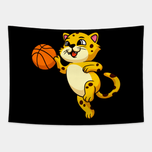 Cute Cartoon Leopard Cat plays Basketball Kids Tapestry