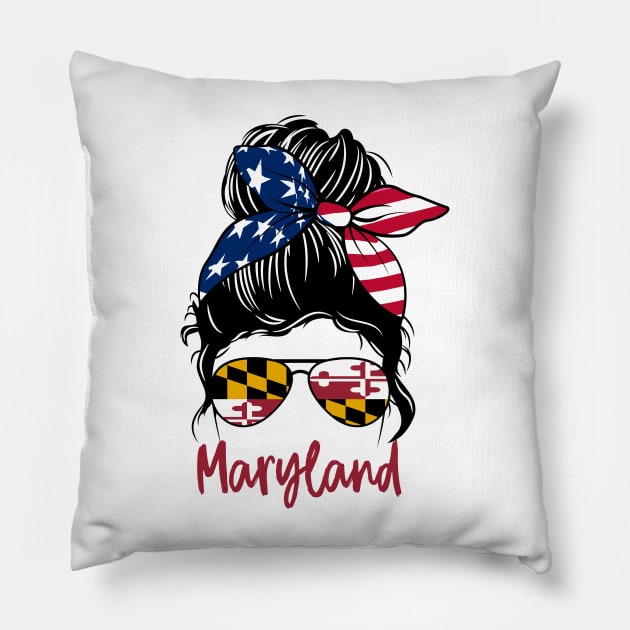 Maryland girl Messy bun , American Girl , Maryland Flag Pillow by JayD World