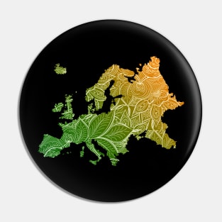 Colorful mandala art map of Europe with text in green and orange Pin