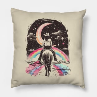 Moonlit Equestrian Dreams: Mystical Horseback Rider Under Starry Crescent Moon Art Pillow