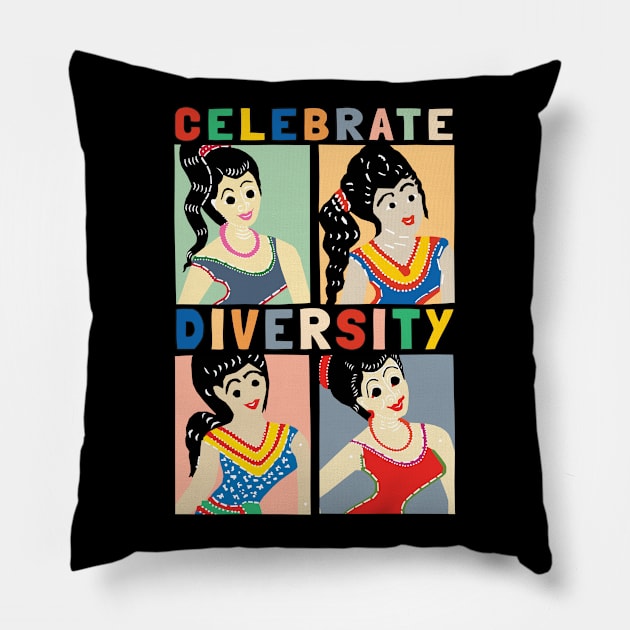 Retro Girl Celebrate Diversity Pillow by KewaleeTee