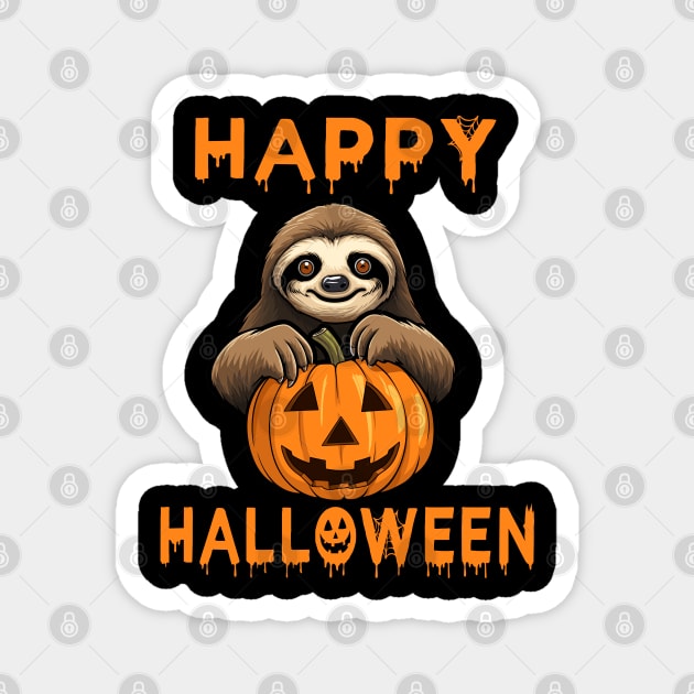 Funny Cute Sloth Holding Pumpkin Lazy Easy Halloween Costume Magnet by RetroZin