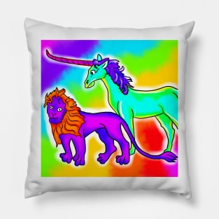 Medieval Derpy Lion and Unicorn Bad Medieval Art Trippy Rainbow Frank 90s Style Pillow