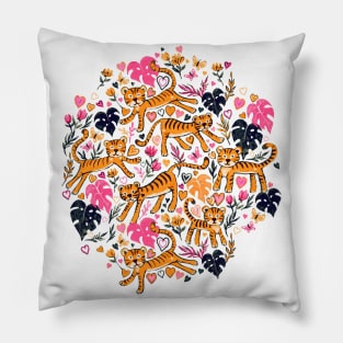 Happy Valentine Tigers with pink hearts and leaves Pillow