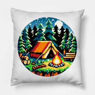 8-bit Camping Adventure: Pixel Wilderness Escape Art Pillow