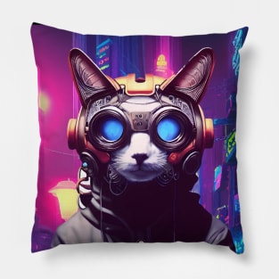 Techno Cat In Japan Neon City Pillow