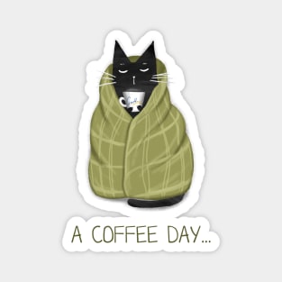 Cartoon funny black cat and the inscription "A coffee day". Magnet