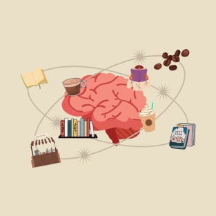 Coffee and Reading - coffee and book elements orbiting a brain T-Shirt