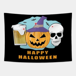 Happy Beer Halloween - Spooky Skull and Pumpkin Tapestry