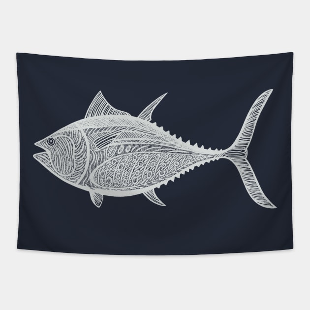 Bluefin Tuna Ink Art - cool fish design - on navy blue Tapestry by Green Paladin