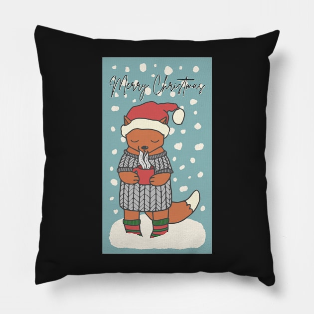 Merry Christmas , cute little fox drinking hot chocolate in the snow Pillow by marina63