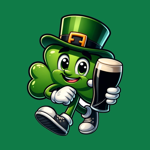 Irish Shamrock cartoon character holding a pint by pickledpossums