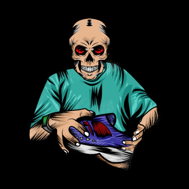 vector image with a person with a skull head holding a shoe by Innometrics