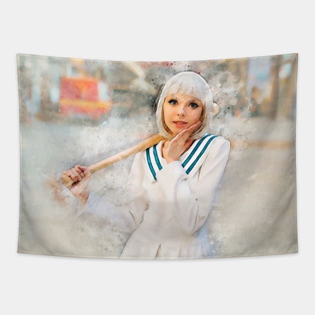 Cute anime style blonde girl with baseball bat Tapestry by g14u