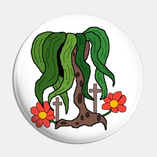 weird tree with cross and flowers Pin