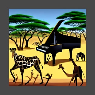 A Piano Inside An African Safari Park With Animals Dancing Around It. T-Shirt