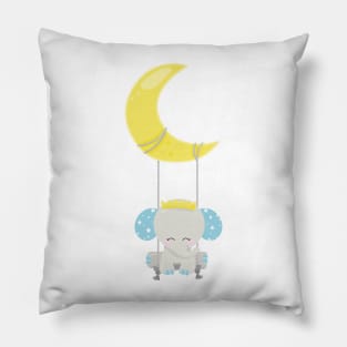 Cute Elephant, Elephant On A Swing, Crown, Moon Pillow