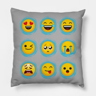 Emojination 9 Classic Yellow Faces Blue Circles Pillow