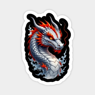 Fierce Silver Dragon with Fiery Red Accents Fantasy Art Magnet